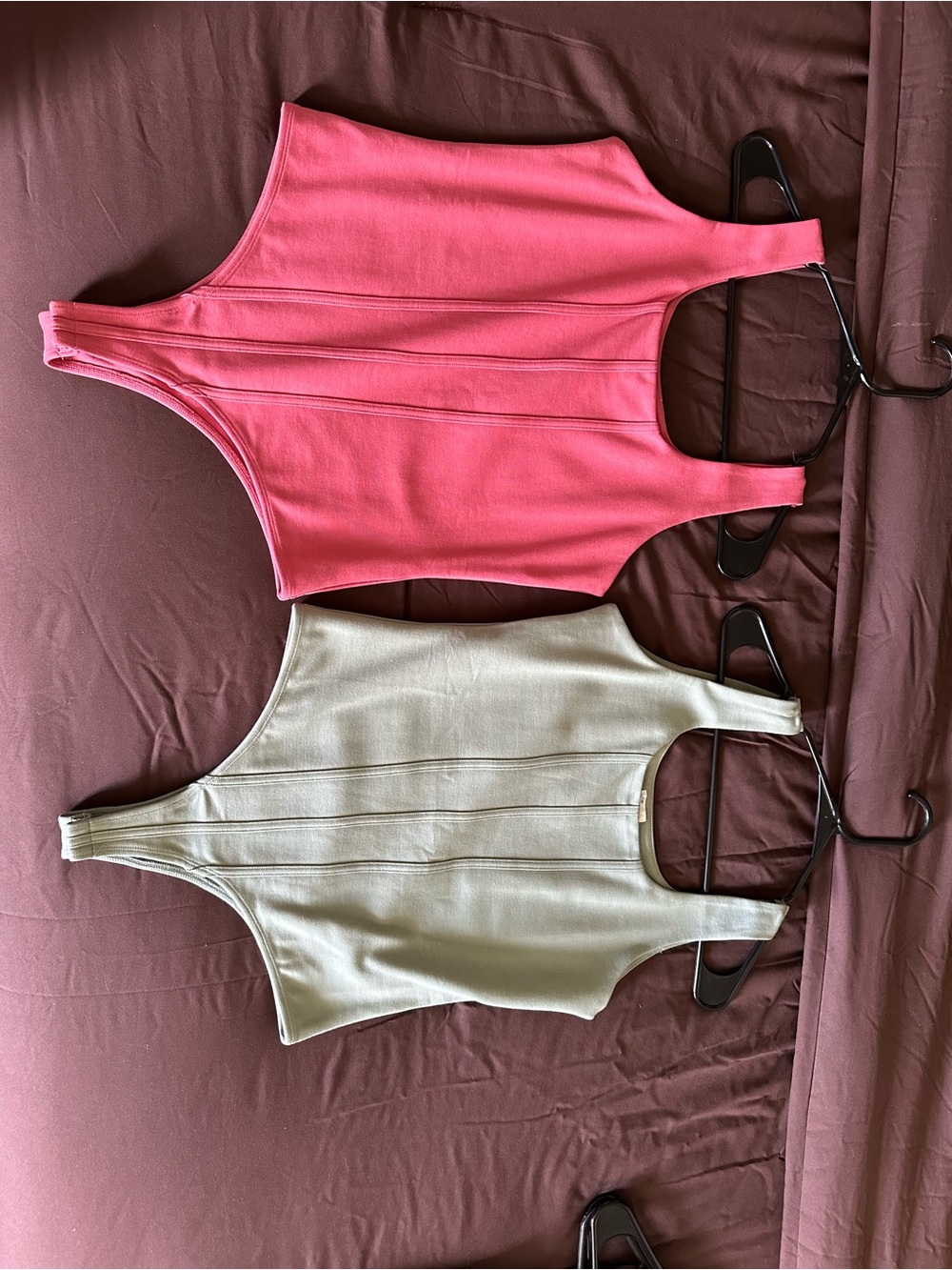 Sleeveless Ribbed Tank Bodysuits in Pastel Coral and Sage green